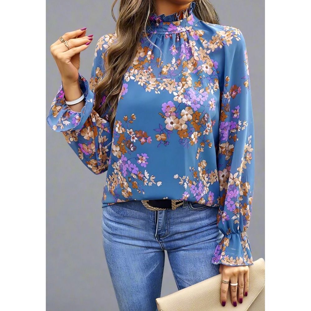 ePretty Bright Floral Ruffle Trim Blouse